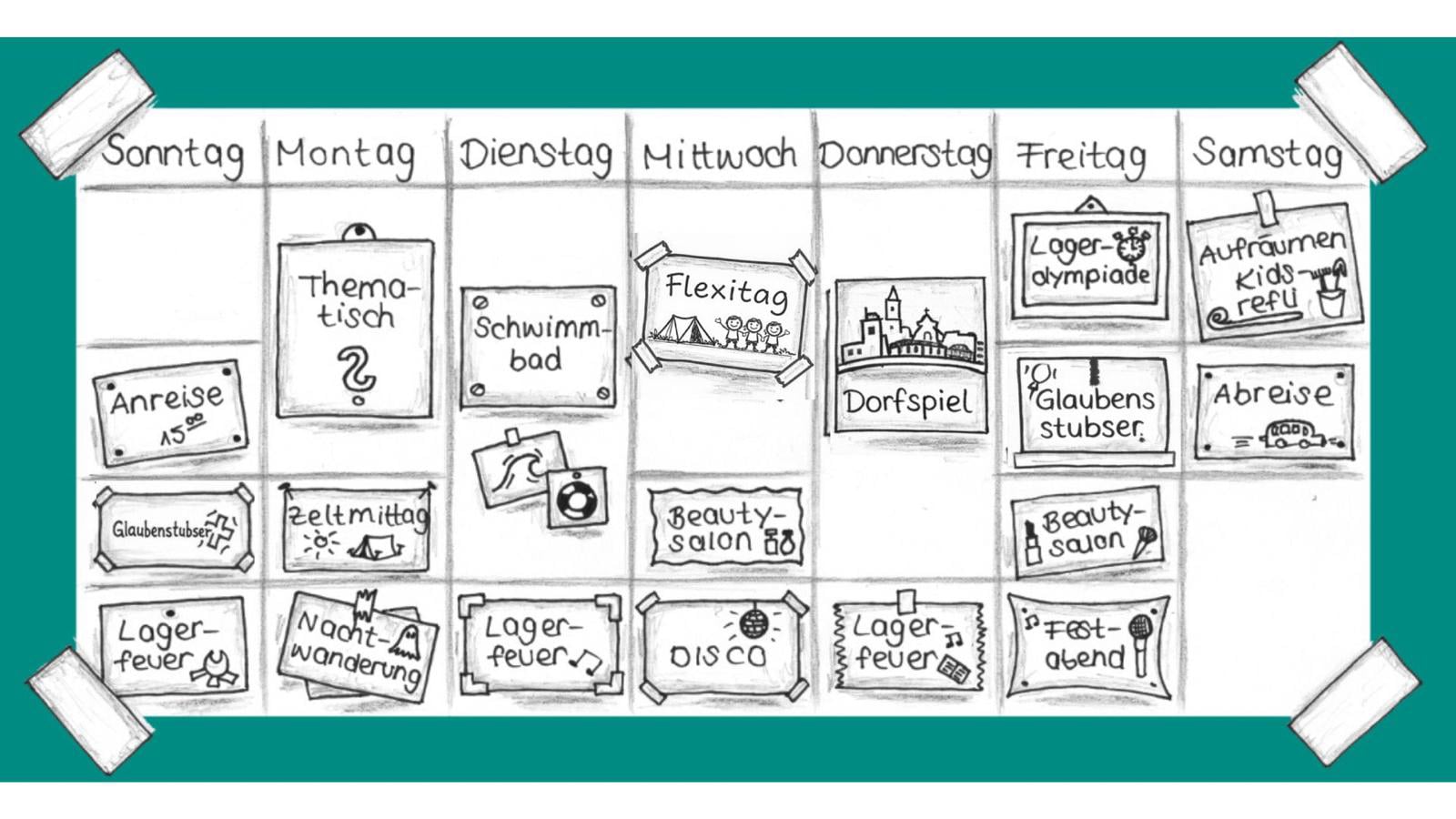 Wochenplan mit dem Programm des Zeltlagers